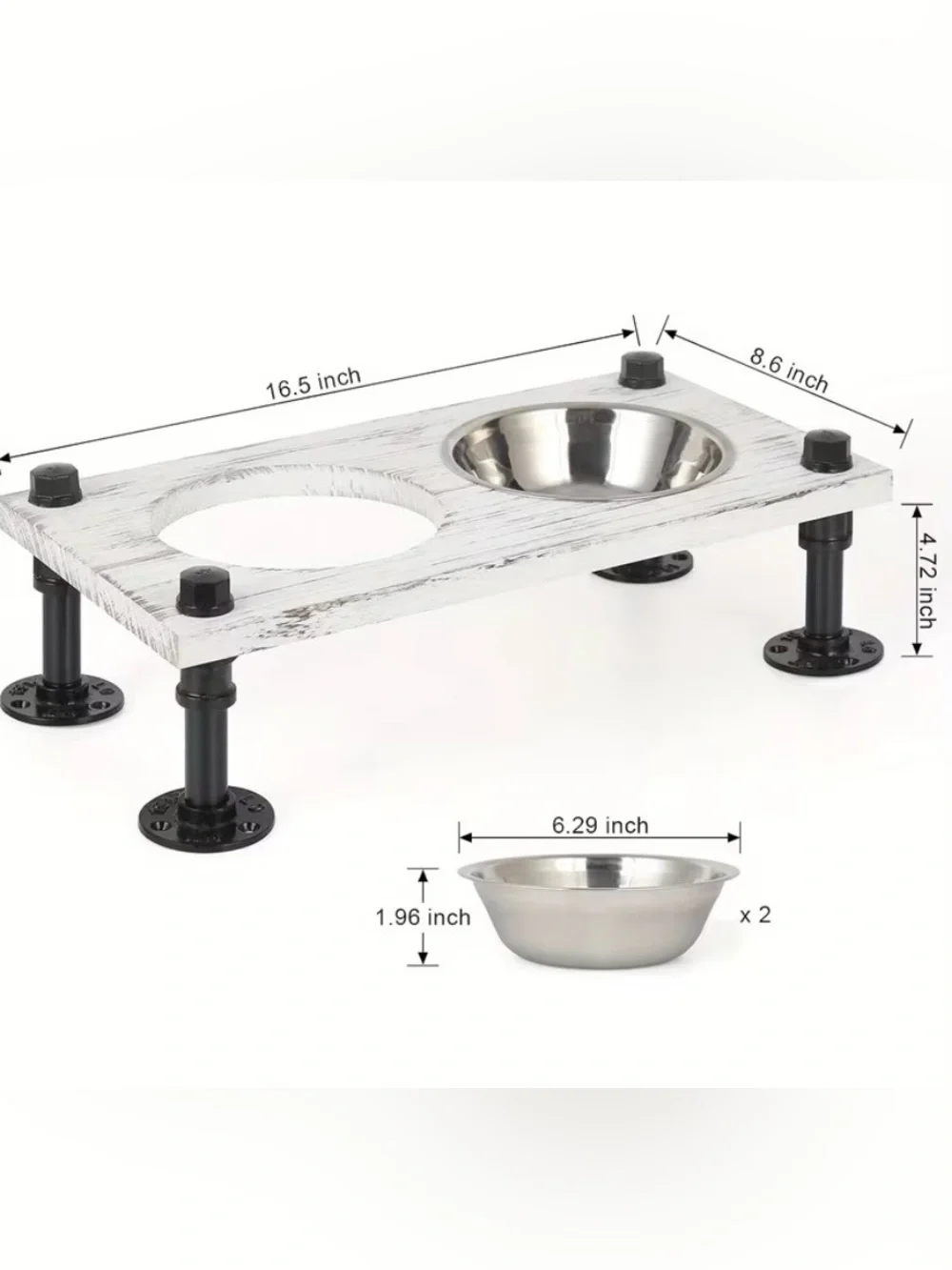 Elevated Pet Dish -Whitewash~Grey W/Black Pipe legs & 2 Stainless Steel bowls 🆕